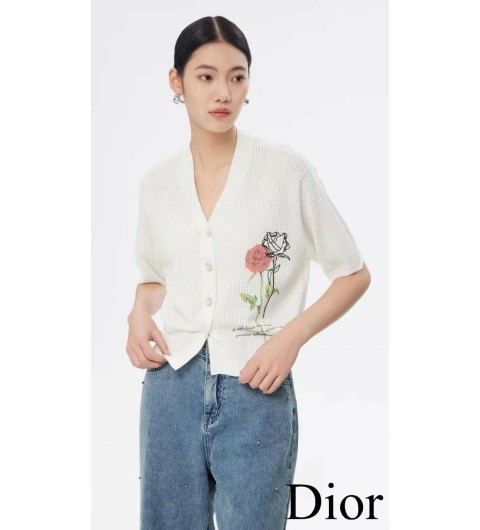 CD 디올 로즈 자수 반팔 니트 가디건