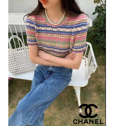 샤넬 파스텔 짜임 문양 반팔 니트